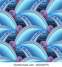 Vector Colored Wave Seamless Pattern. Original Ornate Design, Contour Paisley Garden Style. Indian Stylization