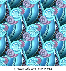 Vector Colored Wave Seamless Pattern. Original Ornate Design, Contour Paisley Garden Style. Indian Stylization