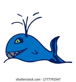 Vector colored whale llustration on white background. Doodle sketch cartoon underwater worlds isolated object for panorama, print, shirt, kid, baby, swimming pool, game, app and stickers.