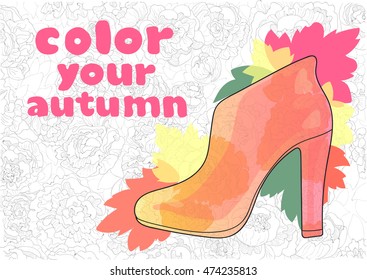 vector colored women's shoes with heels and orange and red autumn leaves on the background of flowers