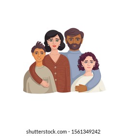 Vector coloreded illustration on the theme of family, people together illustration. Isolated dad, mom and kids on white background