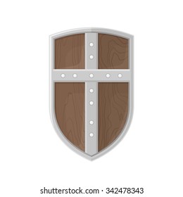 vector colorer flat design medieval wooden textured metal cross warrior Crusader shield isolated illustration on white background 
