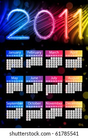 Vector - Colorful 2011 Calendar on Black Background. Rainbow Colors