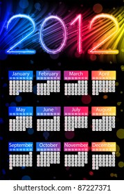 Vector - Colorful 2012 Calendar on Black Background. Rainbow Colors