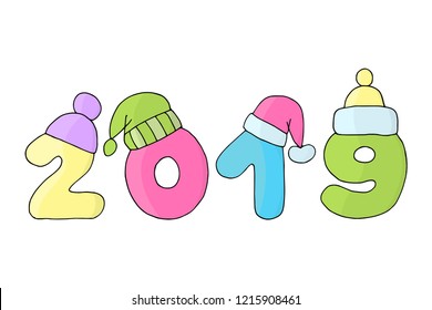 Vector colorful 2019 New year in a warm winter cute Christmas hats on a white background