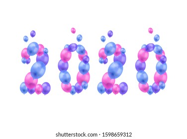 Vector Colorful 2020 Number, 3D Digits, Bright Blue and Pink Balloons, Flying Object, Celebration Background.