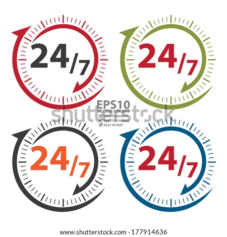 Vector : Colorful 24/7 Icon, Badge, Label or Sticker for Customer Service, Support, Call Center or CRM Concept Isolated on White Background 