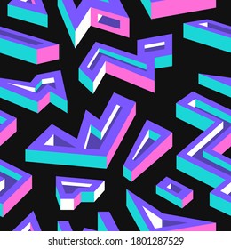 vector colorful 3 dimension geometric seamless pattern on black