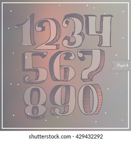 Vector colorful 3d digits on blur background, hatched, light, with gradient shadow. Numbers sequence from 1 to 9, stylish, in classic style with serif, good for lettering and print design. Hand drawn