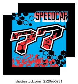 Vector colorful 3d number 77, racing design and text SPEEDCAR, blue background.