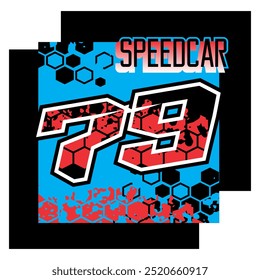 Vector colorido 3d número 79, diseño de carreras y texto SPEEDCAR, fondo azul.
