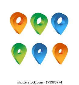 Vector: Colorful 3-D Pin Pointers or for Map, Orange green blue pins ready to use