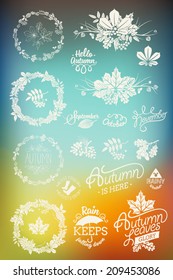 Vector colorful abstract background with autumn (fall) design elements featuring decorative floral round frames, dingbats, spacers, signs, badges, titles, month names, lettering and calligraphy pieces