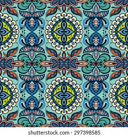Vector colorful abstract background, floral and geometric seamless pattern. Tribal ethnic ornament. Arabic indian motif, lace fabric texture.