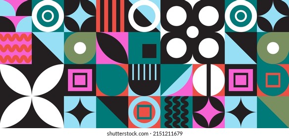Vector colorful abstract background of geometric Bauhaus pattern, circle, triangle, square.