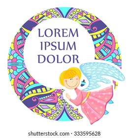 Vector colorful  abstract childlike frame with pretty angel, fairy, princess, Alice. Baby design. Doodle vector background. Greeting card 
