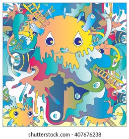 Vector colorful abstract cute monster in the liquid environment