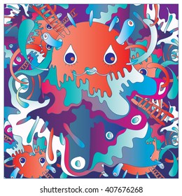 Vector colorful abstract cute monster in the liquid environment