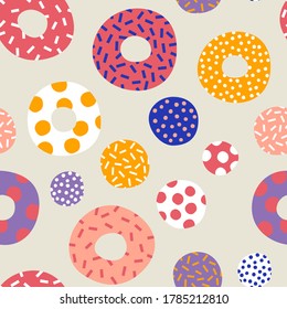 Vector Colorful Abstract Donut Cake with Topping or Frosting Seamless Pattern for Packaging or Gift Wrapping Paper.