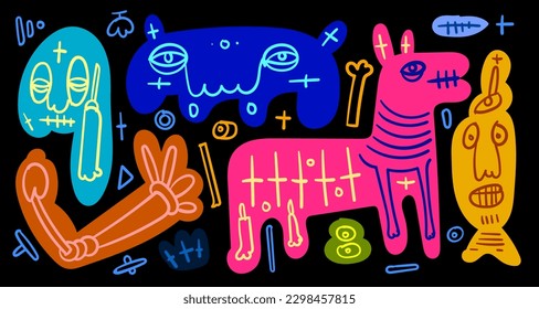 Vector colorful abstract doodle art illustration animal and human for summer