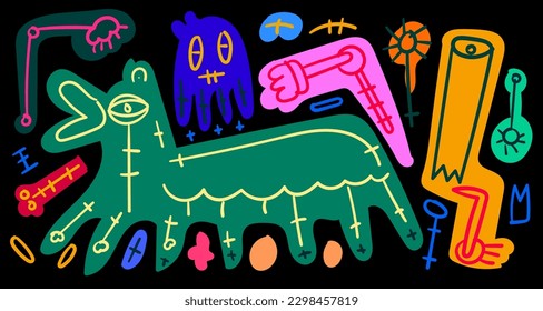 Vector colorful abstract doodle art illustration animal and human for summer