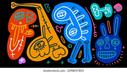 Vector colorful abstract doodle art illustration animal and human for summer