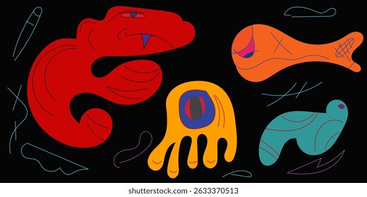 Vetor abstrato colorido doodle arte ilustração animal e humano para o verão
