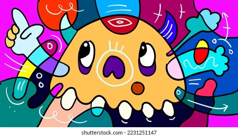 Vector colorful abstract doodle hand drawn monster and animal illustration for digital banner designs 2023