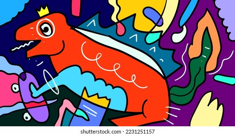 Vector colorful abstract doodle hand drawn monster and animal illustration for digital banner designs 2023