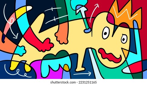 Vector colorful abstract doodle hand drawn monster and animal illustration for digital banner designs 2023