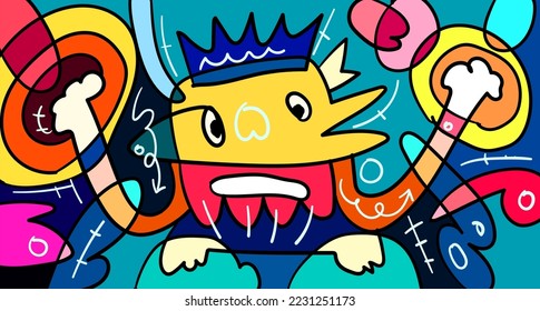 Dibujo abstracto de doodle colorante vectorial de dibujos a mano monstruo e ilustración animal para diseños de banners digitales 2023