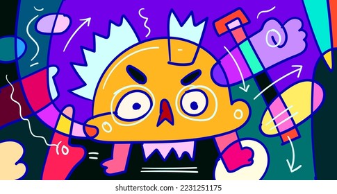 Vector colorful abstract doodle hand drawn monster and animal illustration for digital banner designs 2023