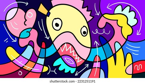 Dibujo abstracto de doodle colorante vectorial de dibujos a mano monstruo e ilustración animal para diseños de banners digitales 2023