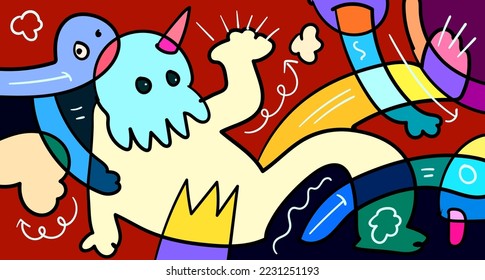 Vector colorful abstract doodle hand drawn monster and animal illustration for digital banner designs 2023