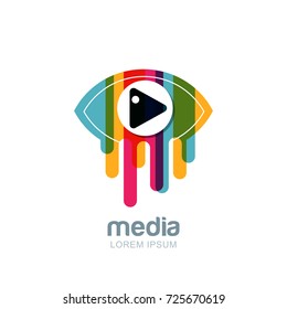 Vector colorful abstract eye logo, sign, emblem design element. Media, CCTV, television broadcast and tv design concept. Isolated icon of multicolor striped liquid eye with button.
