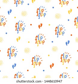 Vector Colorful Abstract Flip Flop Hand Lettering and Doodles White Color Background Seamless Pattern