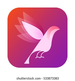 Vector colorful abstract flying bird silhouette on a purple background. Trendy neon colors in a modern material design style. Good concept for mobile application. 