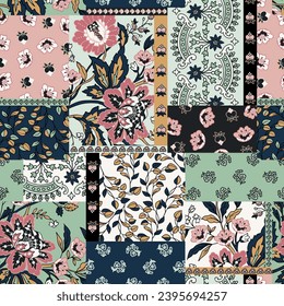 Vector colorful abstract hand drawn seamless patchwork pattern with floral ornaments, stylized flowers, dots, plants and lace. Vintage boho style.	