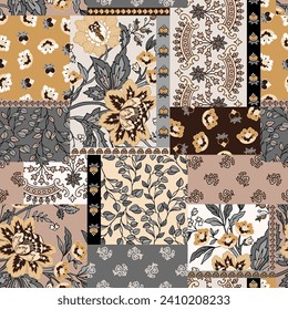 Vector colorful abstract hand drawn seamless patchwork pattern with floral ornaments, stylized flowers, dots, plants and lace. Vintage boho style.	