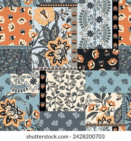 Vector colorful abstract hand drawn seamless patchwork pattern with floral ornaments, stylized flowers, dots, plants and lace. Vintage boho style.