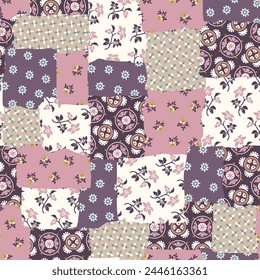 Vector colorful abstract hand drawn seamless patchwork pattern with peony ornaments, stylized flowers. Vintage boho style.