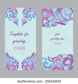 Vector colorful abstract hand-drawn cards with waves and clouds. Template frame for greeting card and invitation. 