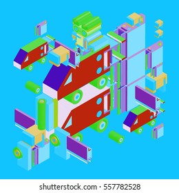 Vector colorful abstract isometric construction, vector polygonal shape. Template for poster design and background or fabric print.