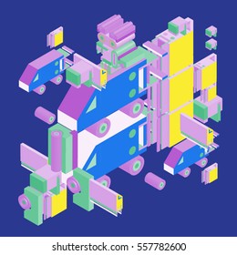 Vector colorful abstract isometric construction, vector polygonal shape. Template for poster design and background or fabric print.