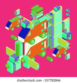 Vector colorful abstract isometric construction, vector polygonal shape. Template for poster design and background or fabric print.