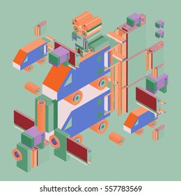 Vector colorful abstract isometric construction, vector polygonal shape. Template for poster design and background or fabric print.