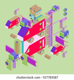 Vector colorful abstract isometric construction, vector polygonal shape. Template for poster design and background or fabric print.