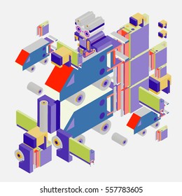 Vector colorful abstract isometric construction, vector polygonal shape. Template for poster design and background or fabric print.