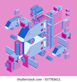Vector colorful abstract isometric construction, vector polygonal shape. Template for poster design and background or fabric print.