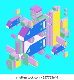 Vector colorful abstract isometric construction, vector polygonal shape. Template for poster design and background or fabric print.